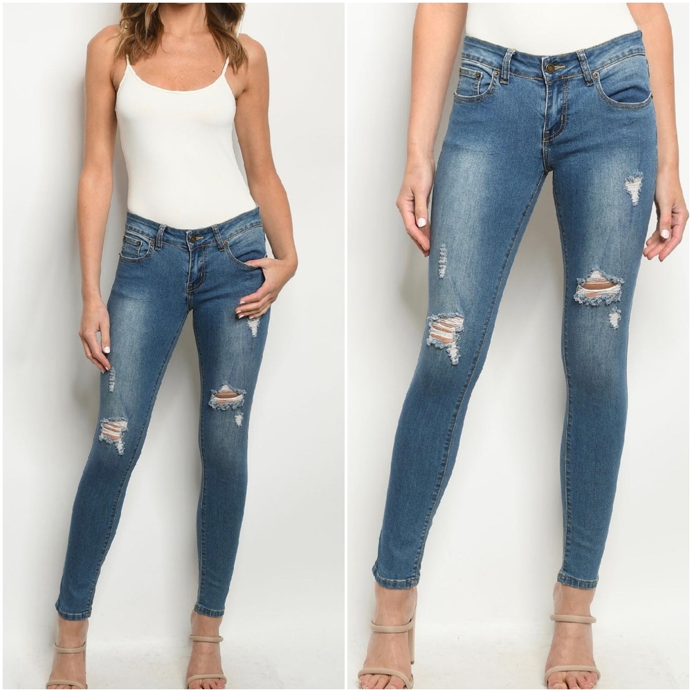 Chic Distressed Ripped Mid Rise Skinny Jeans - Picture 2 of 4